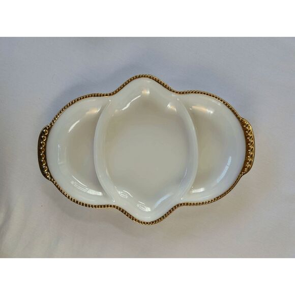 Vintage Fire King Milk Glass Three Section Platter Set, Gold Trim, Made in USA - Picture 5 of 8